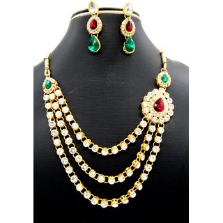                       Maroon Green Brooch Three Line Bridal Necklace Set                                              