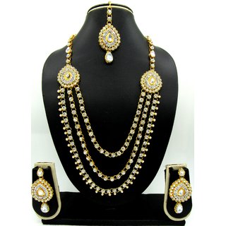                       Two Brooch White Stone Pearl Drop Bridal Long Necklace Set                                              