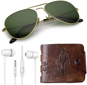 Adam Jones Green Aviator UV Protected Unisex Sunglasses With Free Ear Phone Assorted Color And Mens' Wallet