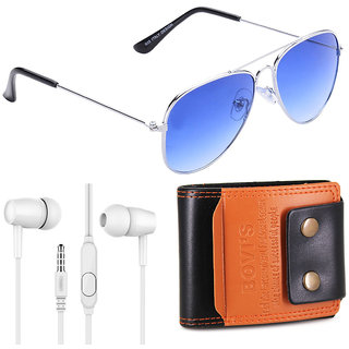 Adam Jones Blue Aviator UV Protected Unisex Sunglasses With Free Ear Phone Assorted Color And Mens' Wallet