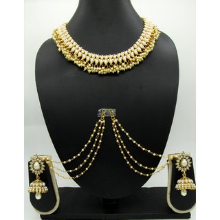                       Pearl Jhumaka With Ear Chain Pearl Necklace Set                                              