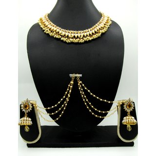 Golden Tilak Jhumka With Ear Chain Pearl Necklace Set Golden Tilak Jhumka With Ear Chain Pearl Necklace Set