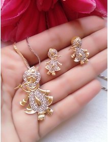 Gold Plated American Diamond Lord Krishna Pendant Set with Earring for Women