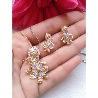 Gold Plated American Diamond Lord Krishna Pendant Set with Earring for Women