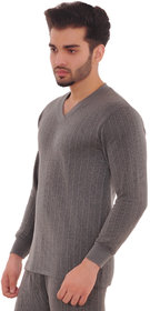 Laser Men's Grey Striped Cotton Blend V-Neck Thermal Upper