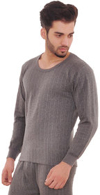 Laser Men's Grey Striped Cotton Blend Round Neck Thermal Upper