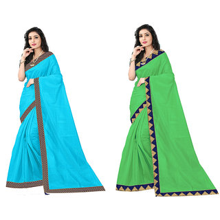 Vkaran Green and Sky Blue Art Silk Lace Border Pack of 2 Saree