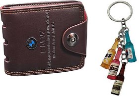 Fashlook Men Brown Canvas Bi-fold Wallet + Stylish Beer Bottles Keychain