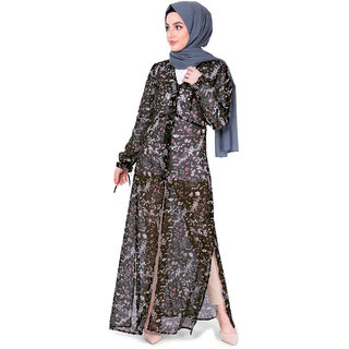                       SILK ROUTE London V Neck Black Floral Sheer Outerwear Without Hijab For Women Height 5'8 inch                                              