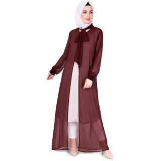                       SILK ROUTE London Maroon Gathered Neck Sheer Outerwear Without Hijab For Women Height 5'8 inch                                              