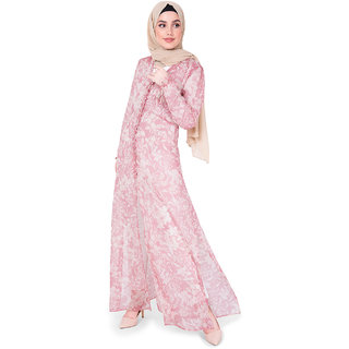 SILK ROUTE London V Neck Pink Floral Sheer Outerwear Without Hijab For Women Height 5'8 inch