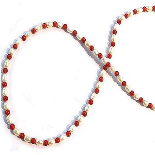                       CEYLONMINE- Original Red Coral  White Pearl Beads Mala For Unisex                                              
