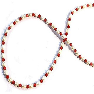CEYLONMINE- Original Red Coral  White Pearl Beads Mala For Unisex