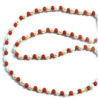 CEYLONMINE- Original Red Coral White Pearl Beads Mala For Unisex CEYLONMINE- Original Red Coral White Pearl Beads Mala For Unisex