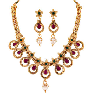 Asmitta Trendy Pear Shape Flower Design Gold Plated Choker Pink  Green Stone Necklace Set For Women