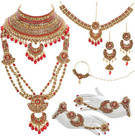 Lucky Jewellery Ethnic Copper Finish Bridal Golden Red Color Drops Alloy Gold Plated Wedding Dulhan Shadi Jewellery Set For Girls & Women (3630-G2ZR-195-LCT-RED)