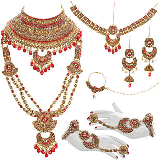                       Lucky Jewellery Ethnic Copper Finish Bridal Golden Red Color Drops Alloy Gold Plated Wedding Dulhan Shadi Jewellery Set For Girls & Women (3630-G2ZR-195-LCT-RED)                                              