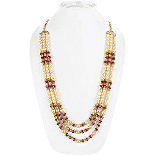Lucky Jewellery Designer Wedding Multi Strand Gold and Maroon Color Dulha Har Layered Pearl Maharaja Haar Groom Necklace Set for Men (580-M6DM-1011-LCT-M)