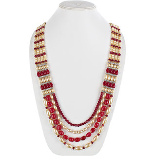                       Lucky Jewellery Designer Wedding Multi Strand Gold Maroon Color Dulha Har Layered Pearl Maharaja Haar Groom Necklace Set for Men (1241-M6DM-1018-LCT-M)                                              
