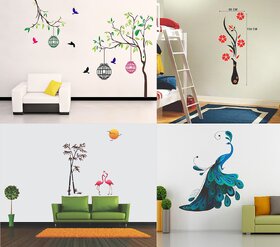 EJA Art Combo of 4 Vinyl Wall Sticker Free Bird Case-(150 X 115 Cms)|Flower Vase Red-(60 X 134 Cms)|Flamingos And Bamboo-(150 X 125 Cms)|Modern Peacock-(90 X 75 Cms)