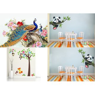                       EJA Art Combo of 4 Wall Sticker Monkey Hanging On Tree-(120 X 120 Cms)|Panda Hanging On A Branch-(150 X 70 Cms)|Panda Hanging On A Branch-(150 X 70 Cms)|Royal Peacock-(50 X 60 Cms)-Matrial Vinyl                                              