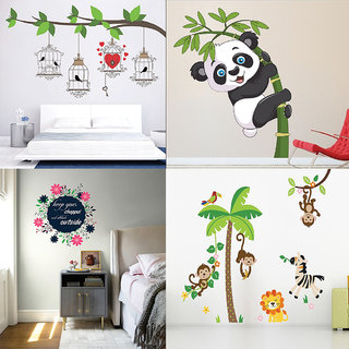                       EJA Art Combo of 4 Wall Sticker Birdcase With Key-(122 X 70 Cms)|Baby Panda-(120 X 95 Cms)|Keep Your Chappal-(59 X60 Cms)|Jungle-(150 X 120 Cms)-Matrial Vinyl                                              