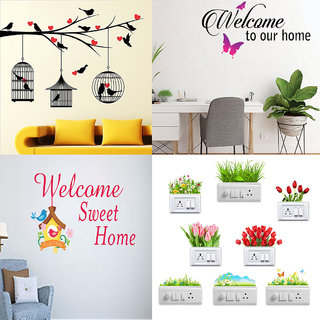                       EJA Art Combo of 4 Wall Sticker Love Birds With Hearts-(125 X 85 Cms)|Welcome To Our Home Butterfly-(91 X42 Cms)|Welcome Sweet Home-(76 X43 Cms)|Sb Flowers-(35 X11 Cms)-Matrial Vinyl                                              