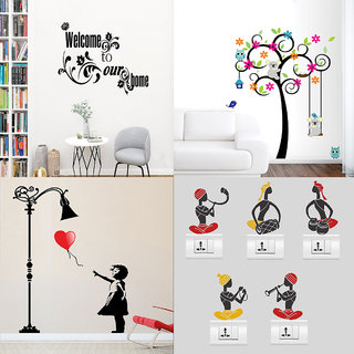                       EJA Art Combo of 4 Wall Sticker welcome to our home Vine-(76 X46 Cms)|Cute Tree With Flower And Animals-(92 X 102 Cms)|Baloon Girl-(120 X 90 Cms)|Sb Folk Band-(11 X15 Cms)-Matrial Vinyl                                              