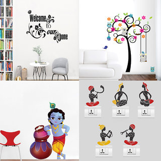                       EJA Art Combo of 4 Wall Sticker welcome to our home Vine-(76 X46 Cms)|Cute Tree With Flower And Animals-(92 X 102 Cms)|Makhanchor-(60 X 40 Cms)|Sb Folk Band-(11 X15 Cms)-Matrial Vinyl                                              