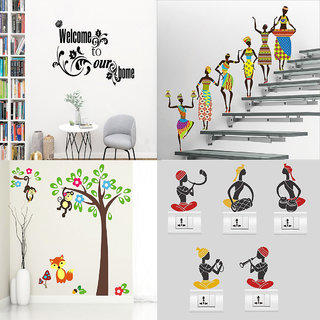 EJA Art Combo of 4 Wall Sticker welcome to our home Vine-(76 X46 Cms)|Tribal Lady-(180 X 60 Cms)|Monkey Hanging On Tree-(120 X 120 Cms)|Sb Folk Band-(11 X15 Cms)-Matrial Vinyl