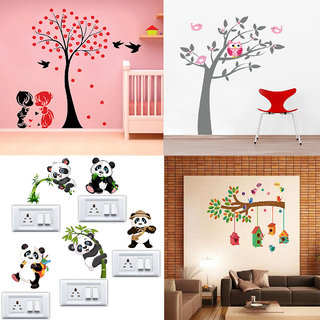 EJA Art Combo of 4 Wall Sticker Bird House On A Branch-(90 X 75 Cms)|Acacia Tree Cute Couple Kids-(92 X 90 Cms)|Owl Tree-(86 X 65 Cms)|Panda-(60 X 50 Cms)-Matrial Vinyl