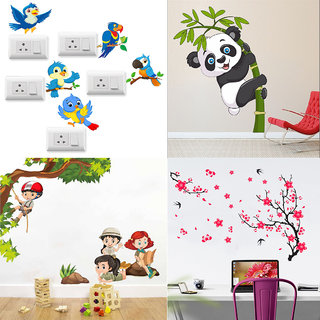                       EJA Art Combo of 4 Wall Sticker SB Twitter Bird-(14 X15 Cms)|Baby Panda-(120 X 95 Cms)|Kids Activity-(100 X85 Cms)|Different Tree With Flower-(92 X 132 Cms)-Matrial Vinyl                                              