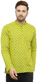 RG Designers Regular Fit Green Cotton Printed Short Kurta for Men