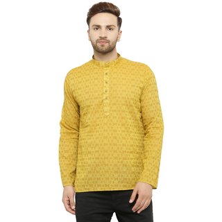 RG Designers Regular Fit Light Yellow Cotton Printed Short Kurta for Men