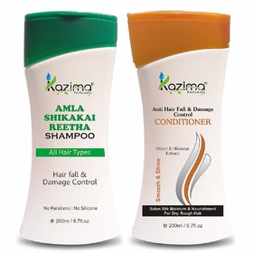 KAZIMA Amla Shikakai Reetha Shampoo (200ml) + Anti Hair fall & Damage Control Conditioner (200ml) with Milk Protein, Multivitamins For Hair fall Control and Damage Repair, Fast Hair Growth, Healthy Scalp, Removes Dandruff & Lice