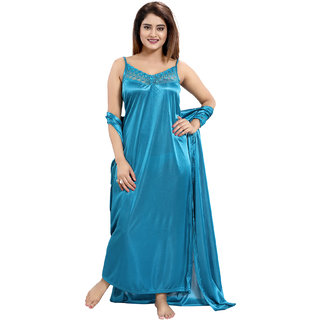 Buy Be You Teal Blue Solid Lace Satin Women Nightwear Set (1 Robe, 1 ...
