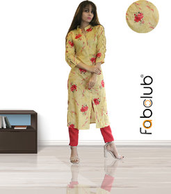 Fabclub Women's Cambric Cotton Floral Printed Straight Trendy Kurti (Golden Yellow)