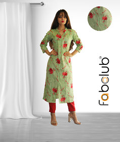 Fabclub Women's Cambric Cotton Floral Printed Straight Trendy Kurti (Light Green)