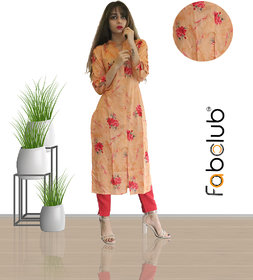 Fabclub Women's Cambric Cotton Floral Printed Straight Trendy Kurti (Orange)