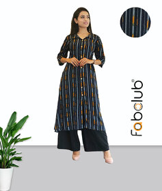 Fabclub Women's Heavy Rayon Printed A-Line Yellow and White Stripes Stylish Kurti (Navy Blue)
