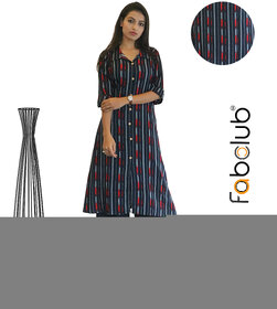 Fabclub Women's Heavy Rayon Printed A-Line Red and White Stripes Stylish Kurti (Navy Blue)