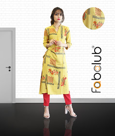 Fabclub Women's Heavy Rayon Gold Foil Straight Printed Designer Kurti (Yellow)
