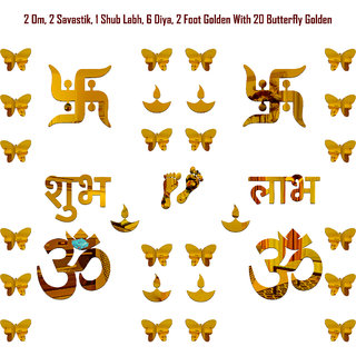                       Look Decor-Om Swastik With Butterfly-(Golden-Pack of 14)-3D Acrylic Mirror Wall Stickers Decoration for Home Wall Office Wall Stylish and Latest Product Code Number 441                                              