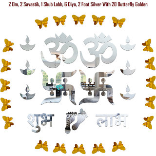                       Look Decor-Om Swastik With Butterfly-(Silver-Pack of 14)-3D Acrylic Mirror Wall Stickers Decoration for Home Wall Office Wall Stylish and Latest Product Code Number 452                                              