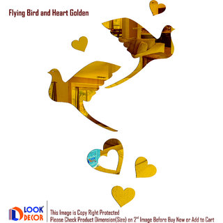                       Look Decor-2 Flying Bird And 5 Heart-(Golden-Pack of 7)-3D Acrylic Mirror Wall Stickers Decoration for Home Wall Office Wall Stylish and Latest Product Code Number 555                                              