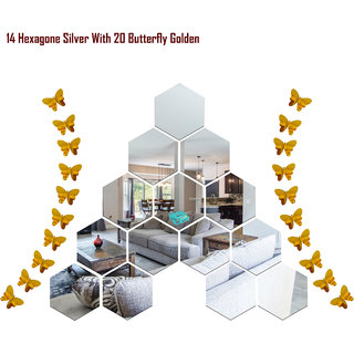                       Look Decor-14 Hexagon With Butterfly-(Silver-Pack of 14)-3D Acrylic Mirror Wall Stickers Decoration for Home Wall Office Wall Stylish and Latest Product Code Number 217                                              