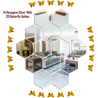                       Look Decor-14 Hexagon With Butterfly-(Silver-Pack of 14)-3D Acrylic Mirror Wall Stickers Decoration for Home Wall Office Wall Stylish and Latest Product Code Number 222                                              