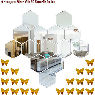                       Look Decor-14 Hexagon With Butterfly-(Silver-Pack of 14)-3D Acrylic Mirror Wall Stickers Decoration for Home Wall Office Wall Stylish and Latest Product Code Number 224                                              