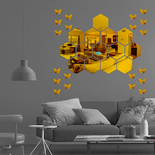                       Look Decor-14 Hexagon With Butterfly-(Golden-Pack of 14)-3D Acrylic Mirror Wall Stickers Decoration for Home Wall Office Wall Stylish and Latest Product Code Number 238                                              
