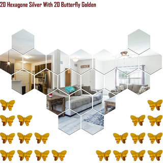                       Look Decor-20 Hexagon With Butterfly-(Silver-Pack of 20)-3D Acrylic Mirror Wall Stickers Decoration for Home Wall Office Wall Stylish and Latest Product Code Number 244                                              